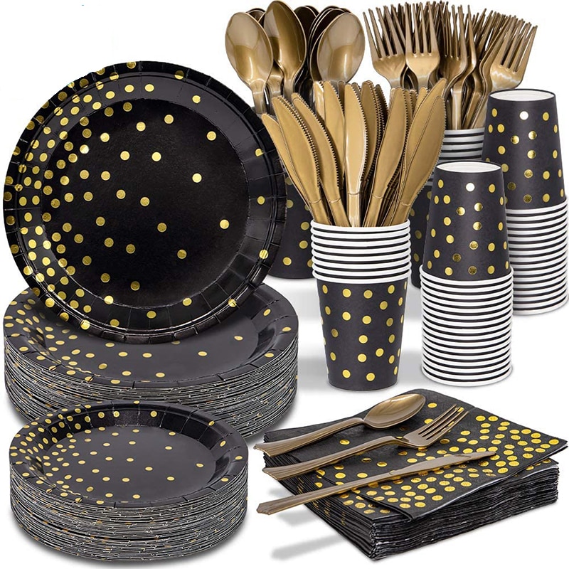 Utensílios de mesa descartáveis para festa de aniversário, decoração de crianças, chá de bebê, bolinhas douradas