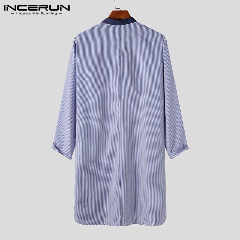 Men Robes Homewear Stand Collar Long Sleeve Striped Patchwork Cozy Nightgown Button Sleepwear Leisure Men Bathrobe S-5XL INCERUN