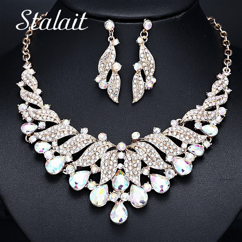 Luxury Leaf Shape Rhinestone Crystal Alloy Necklace Earrings Jewelry Set For Bride Bridal Wedding Party Statement Accessories