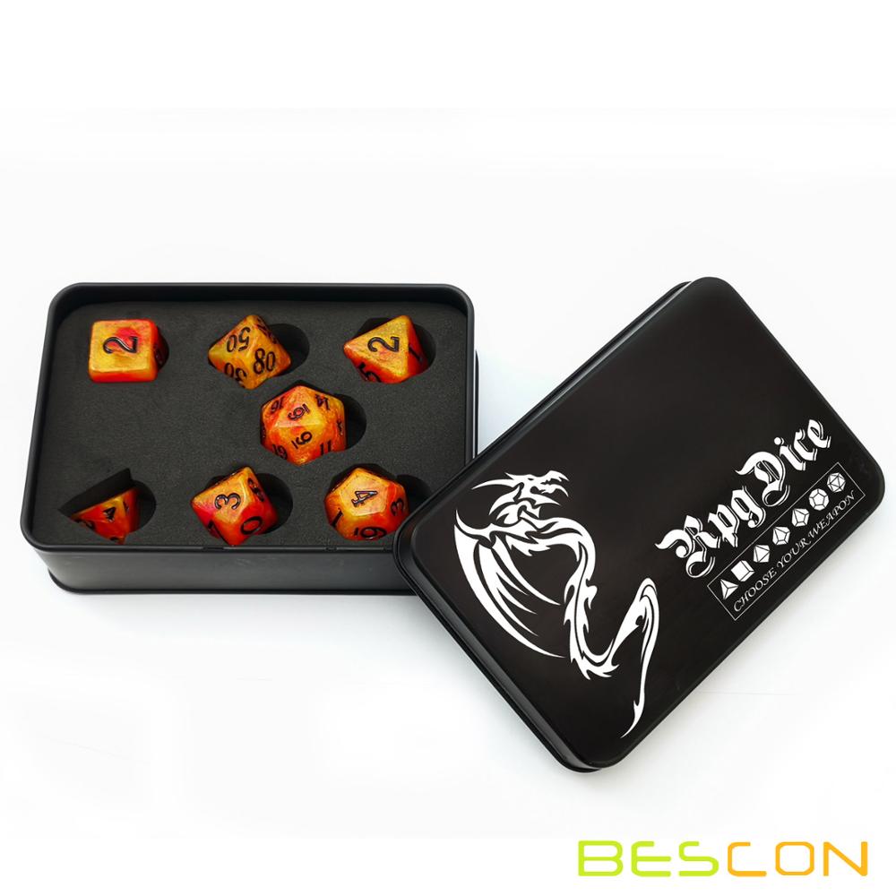 Bescon Magical Stone Dice Set Series, 7pcs Polyhedral RPG Dice Set Fairy Spirit, RoseQuartz, Gold Ore, Dragon Eyes: Aura Stone Tinbox