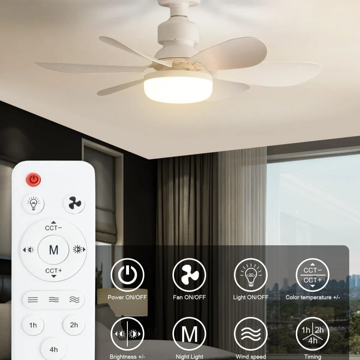Ventilador de teto com soquete com luz com controle remoto regulável com 6 lâminas para quarto, cozinha e salas pequenas