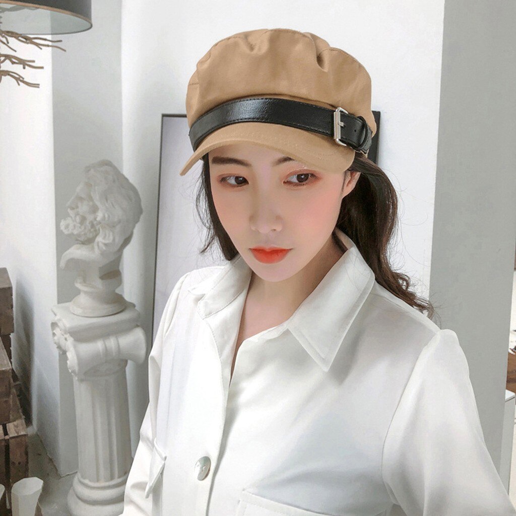 Spring Winter Winter Vintage Women Solid Hat Belt Buckle Cap Navy Cap Plain Cap French Style Vintage Beret hats #O26: Default Title
