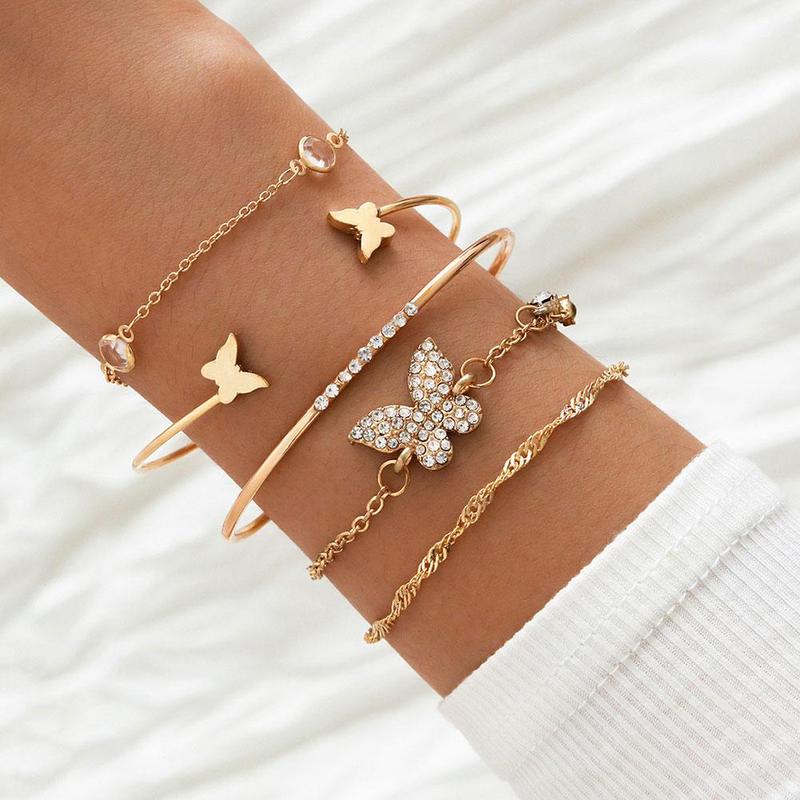 Butterfly Bracelets Female Accessories 5pcs/set Bohemian Elegance Sweet Rhinestone Gold Open Bracelets