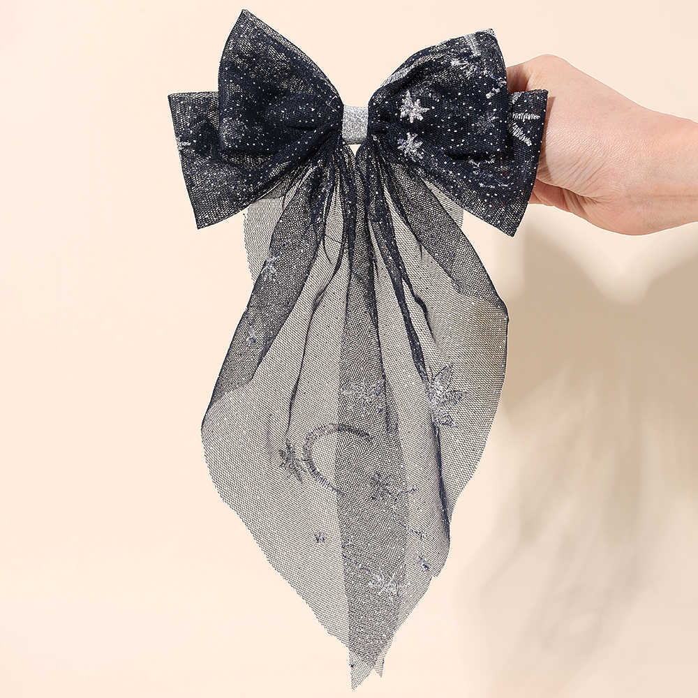 Presilha de cabelo com laço de tule para mulheres, noite estrelada sonhadora, serpentinas longas, estampa de lua, presilhas para festa de meninas, acessórios diários: YELLOW
