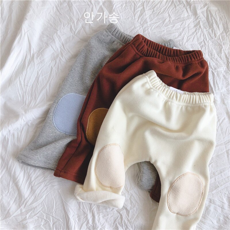 Bébé garçons filles genou Patch pantalon automne hiver Plus velours enfants pur coton Leggings solide enfant en bas âge Pp pantalon