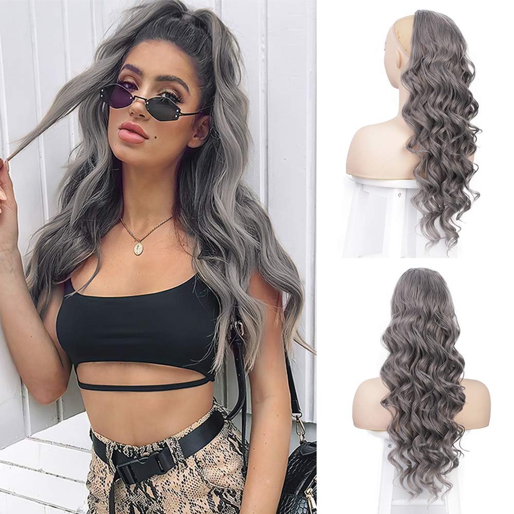 Stamped Glorious Synthetic Drawstring Ponytail Long Wavy Ponytail Hair Clip in Hairpiece Black Wavy Ponytail for Black Women: gray