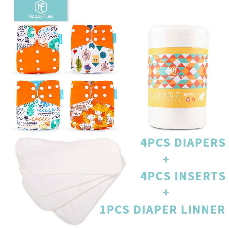 Happyflûte-couche lavable réutilisable, 4 Inserts + 1 couche jetable, taille ajustable, convient aux bébés de 3 à 15KG