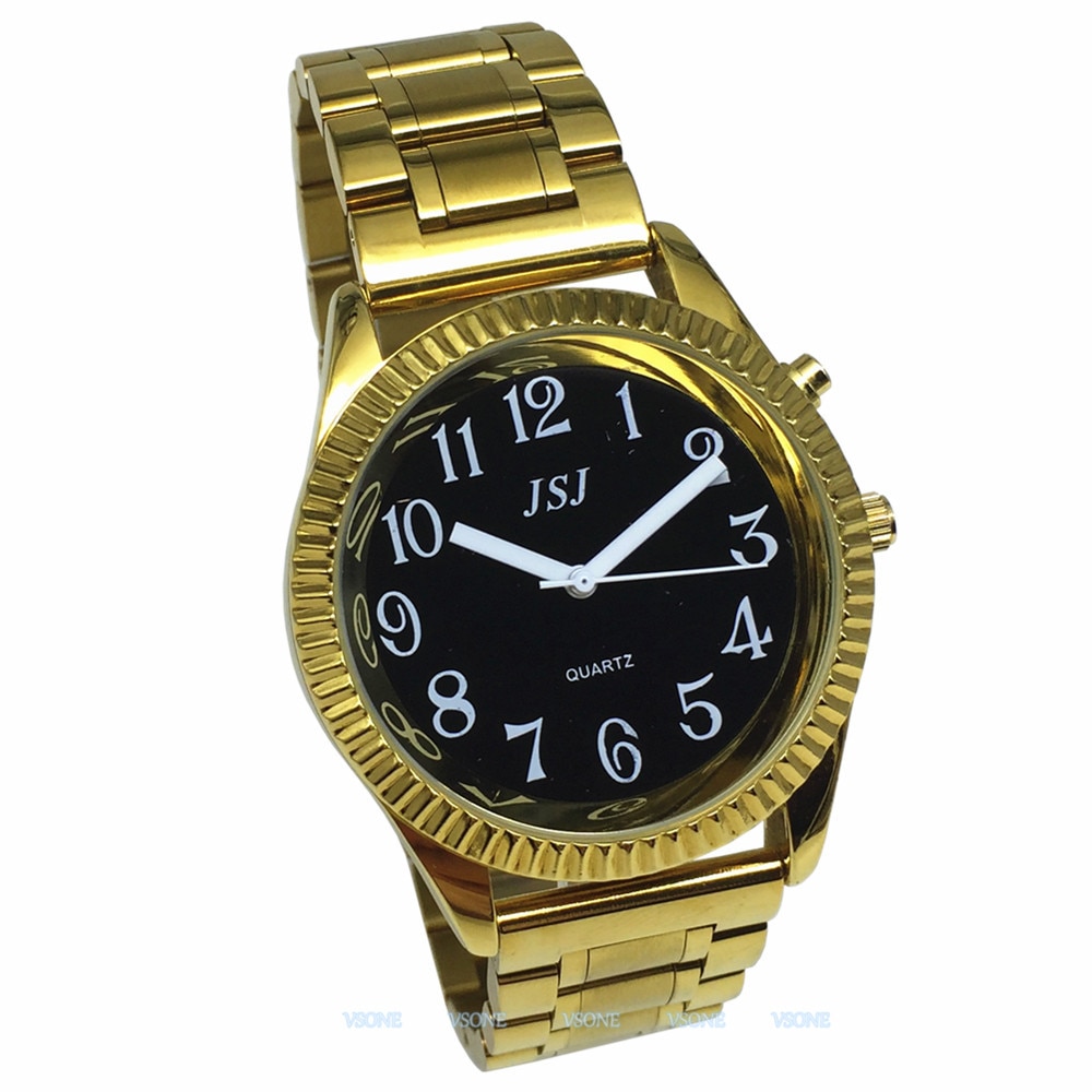 Spaans Praten Horloge Met Alarm Functie, Talking Tijd, Zwarte Wijzerplaat & Vouwsluiting, Golden Case B4-G308B-TS