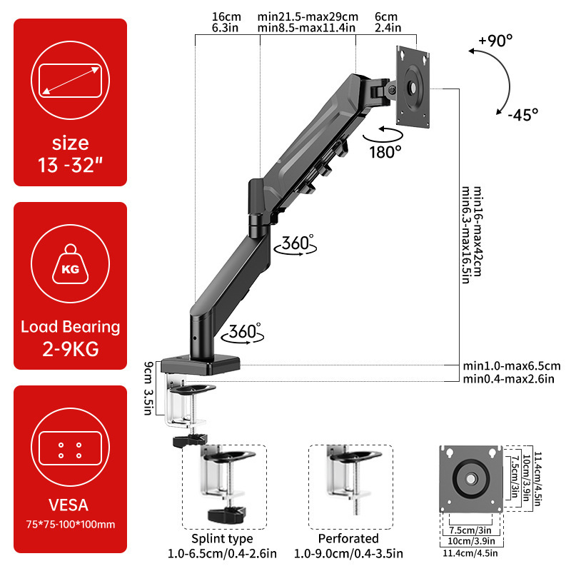 Single Monitor Arm For 13-32" Screen Adjustable Single Monitor Bracket Full Motion Swivel Desktop Monitor Stand for Home Office