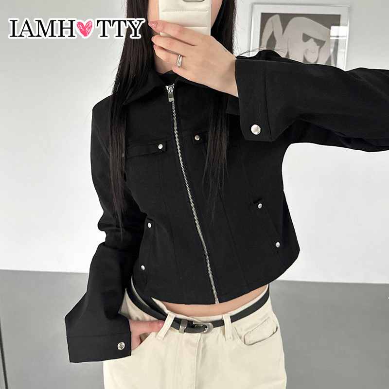 Iamhotty Punk Stijl Rits Jack Zwart Chique Multi-Metalen Knopen Jassen Turn-Down Kraag Cool Vest Herfst Retro Bovenkleding Korea