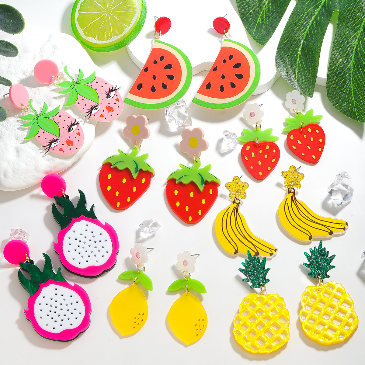 dessin animé coloré banane fraise pastèque boucles d'oreilles pour les femmes acrylique été plage fruits fête bijoux