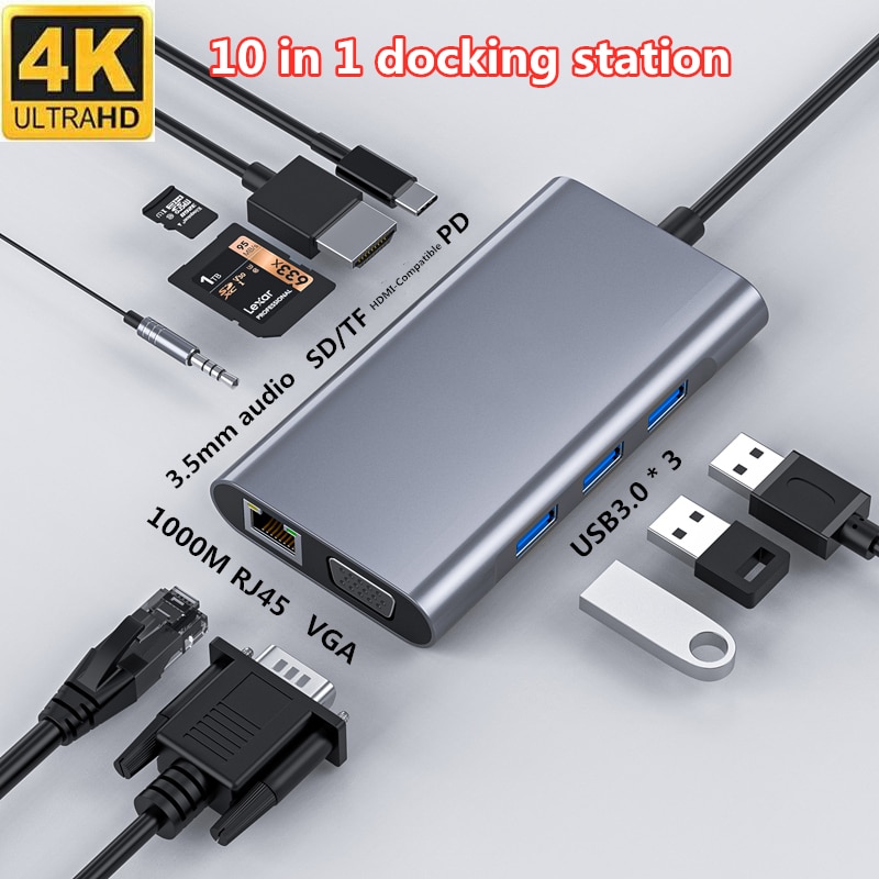 Hub USB C convertisseur Type C vers HDMI, 4K VGA RJ45 multi-usb 3.0 PD, Station d'accueil pour MacBook Pro