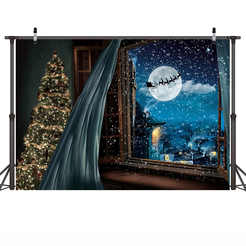 Fenêtre noël famille Portrait photographie arrière-plan Village hiver rêveur ciel étoilé arbres de noël toile de fond Photo Shoot: 250x150cm  ThinVinyl