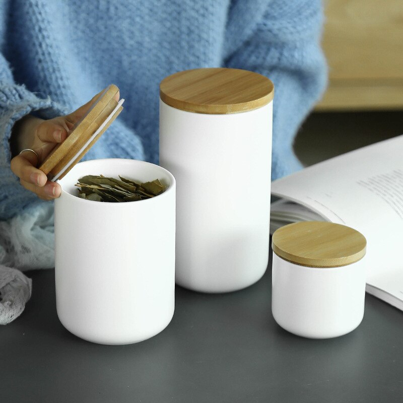 Vaso di stoccaggio sigillato in ceramica bianca semplice con coperchio in legno 260ML 800ML 1000ML contenitore per alimenti da cucina teiera organizzatore di cereali