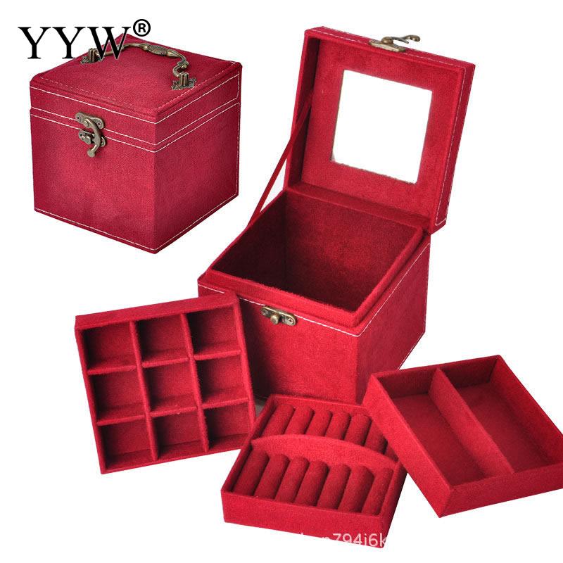 12x12x12cm Vintage Velvet Three-Tier Jewelry Box Multideck Storage Cases with Wood Mirror Wedding Birthday