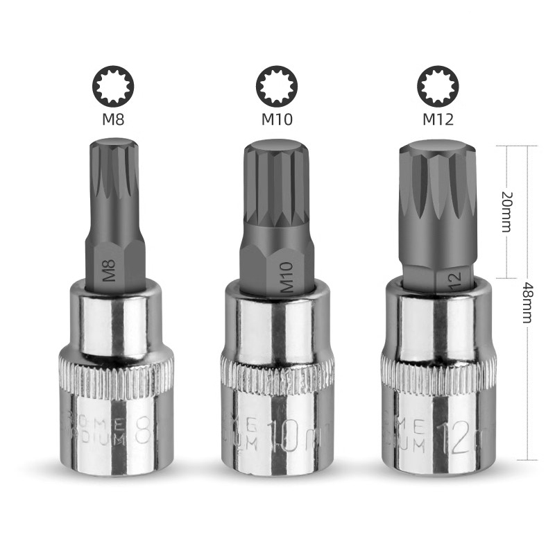 1PC 3/8" Drive S2 Alloy Spline Screwdriver Bits 12 Point MM Spline Socket Bit M8 M10 M12