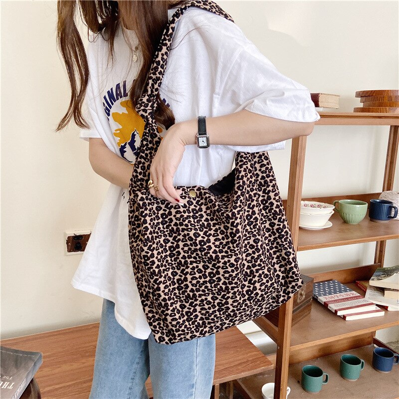 Grote Capaciteit Vrouwen Schoudertas Boodschappentas Luipaard Patroon Dames Canvas Messenger Tassen Vintage Student Meisjes Boek Tote Handtassen: coffee