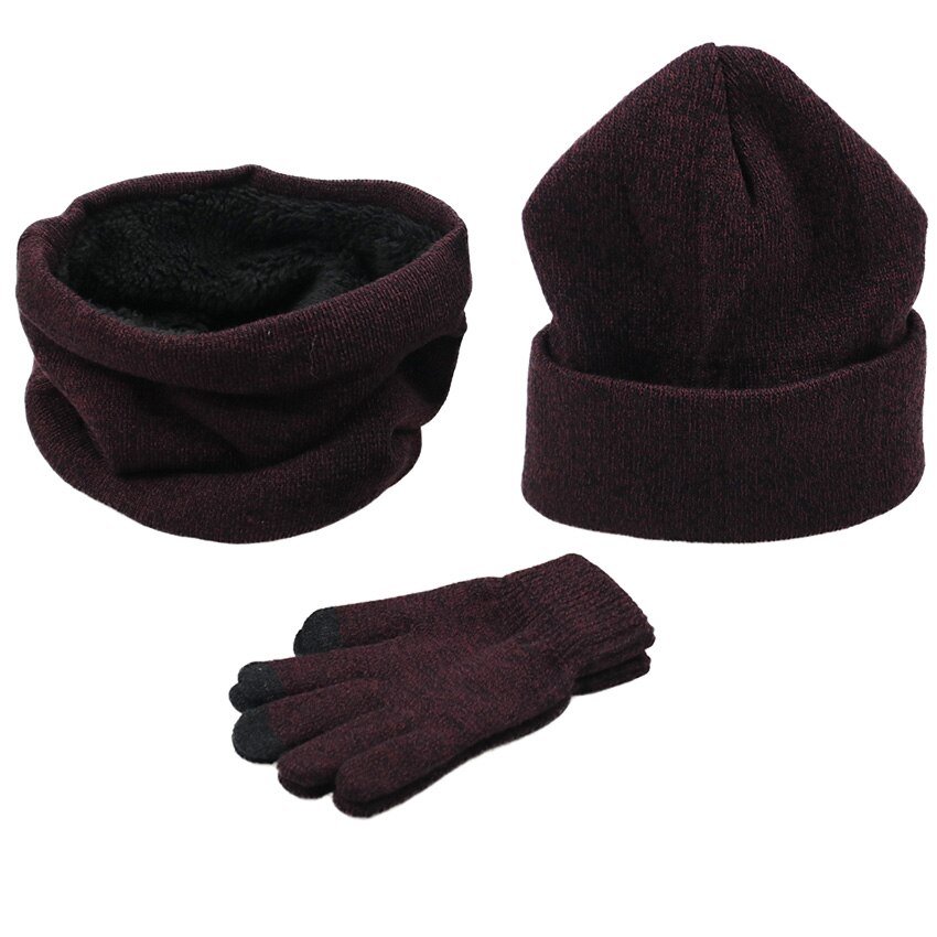 Kvinder vinterhuer tørklæder handsker kit strikket plus fløjlshue tørklædesæt til mandlige kvinder 3 stk/sæt huer tørklædehandske: Rødbrun