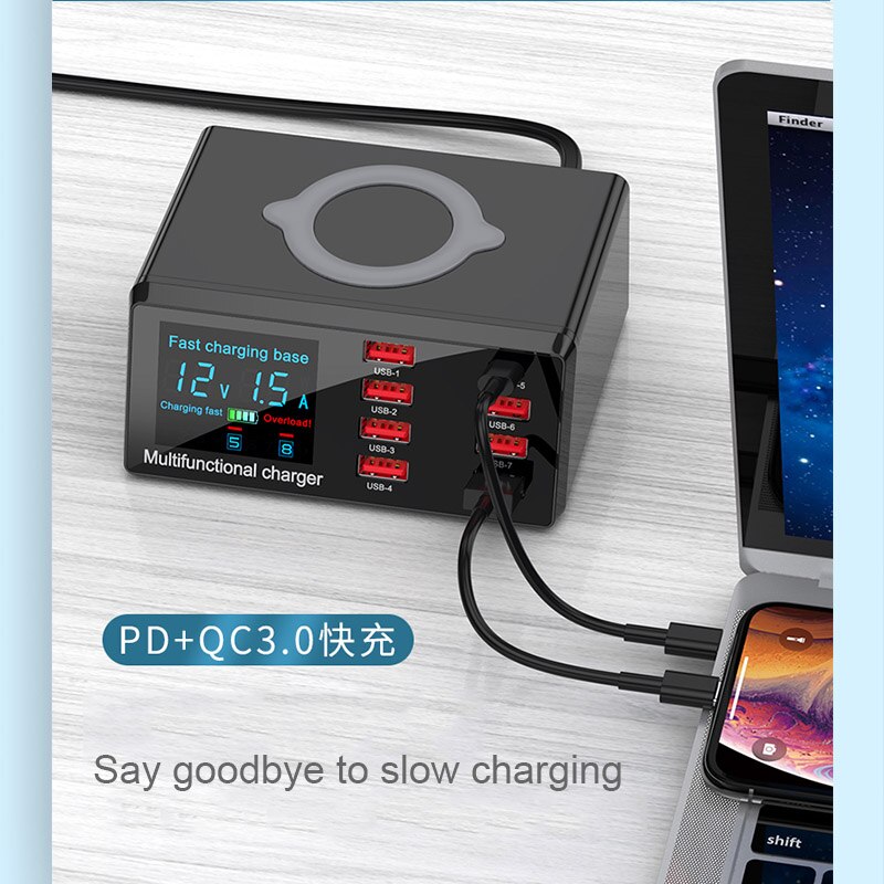 Intelligent Digital Wireless Charger 8 Ports PD QC 3.0 Fast USB Charging for Phone Samsung Huawei iPad Quick Battery Charging