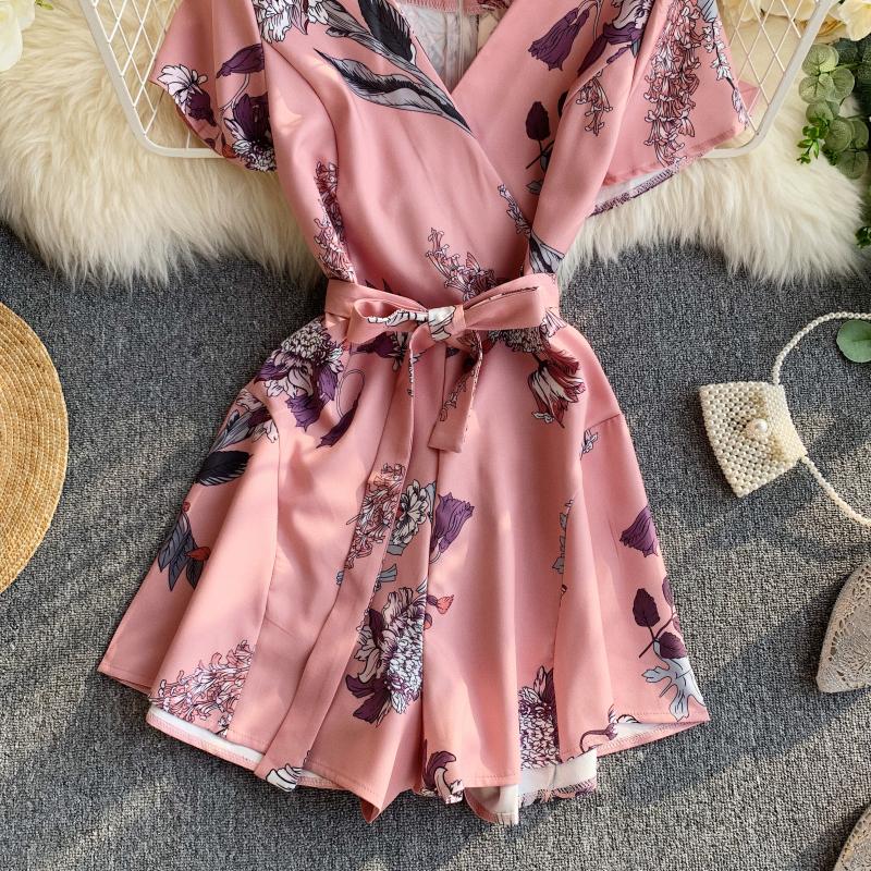 Mono Vintage bohemio ajustado con estampado floral para mujer, pelele Sexy informal con cuello en V para mujer, traje corto de estilo veraniego para playa y vacaciones,