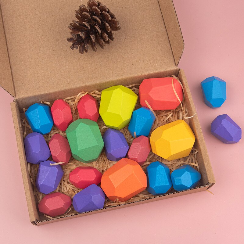 Children Wooden Colored Stone Intelligence Building Stone Jenga Nordic Style Wooden Rainbow Toy Girl Boy: 21pcs 0.4