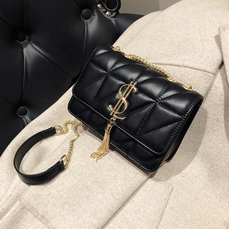 Gewatteerde Lederen Ketting Crossbody Tassen Voor Vrouwen Mode Kwastje Schoudertassen Alle Match Messenger Bag Portemonnees En Handtassen: Black Gold Label