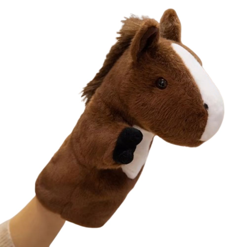 Fantoche de mão de cavalo para contar histórias, macio, com simulação de mão e dedo, 25cm para educação infantil. fantoche de pelúcia para a hora da história.