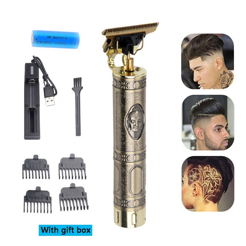 Hårtrimmer frisör frisyr laddningsbar hårklippare sladdlös hårklippningsmaskin för män skäggtrimmer 0mm rakkniv: Buddha presentförpackning