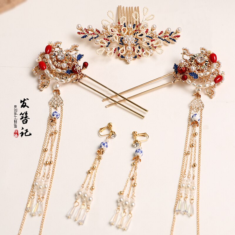 Hanfu tocado mujer antigüedad precioso Phoenix Crown accesorios para el cabello conjunto Kanzashi paso sacudida perla borla adornos para el cabello
