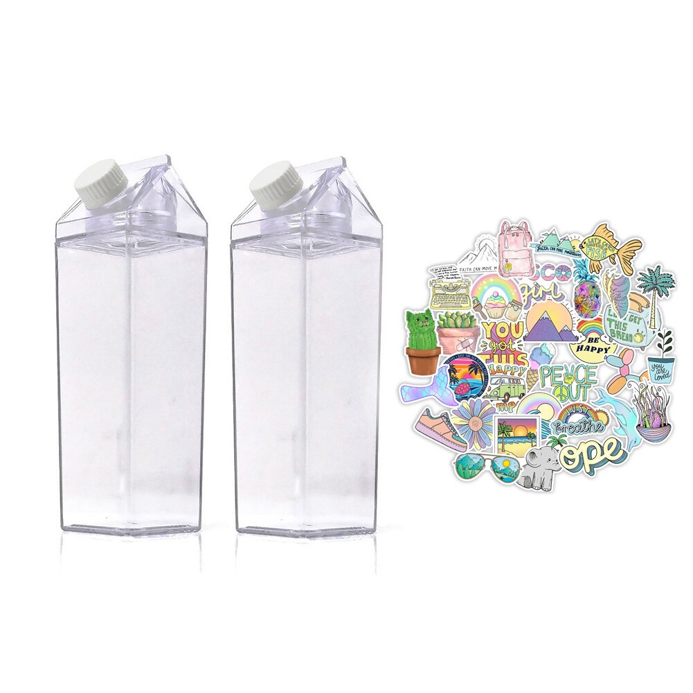 Melk Karton Water Fles 17Oz/34Oz Meisje Vsco Bpa Gratis Plastic Clear Vierkante Dozen Voor Vrouwen 2 stuks Met 50 Stuks Stickers: 500-1000ml / VSCO STICKERS