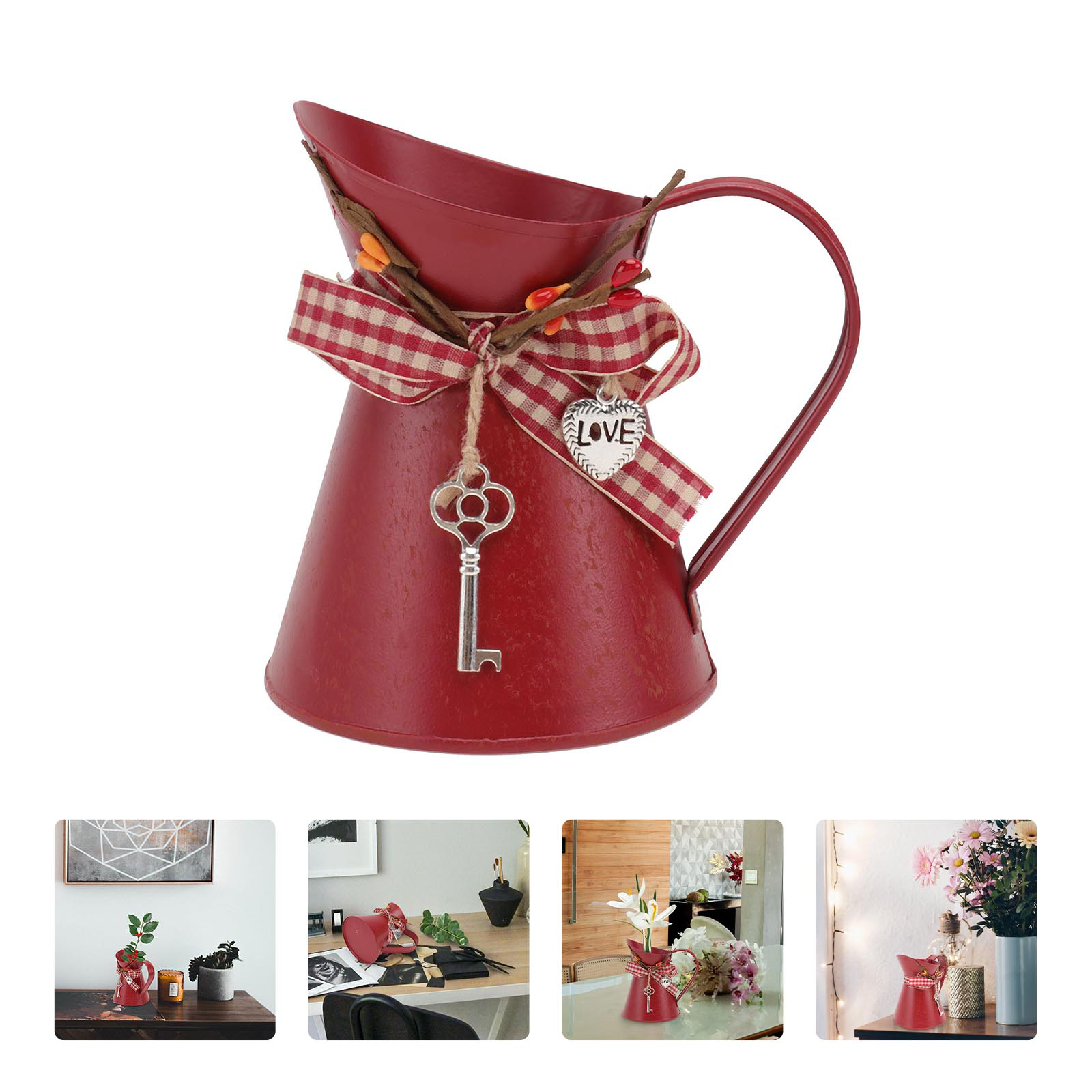 Jernbøtte blomsterpotte rustikk jernblomsterbøtte plantebøtte galvanisert metallvase hjeminnredning blomsterarrangement beholder: Rød