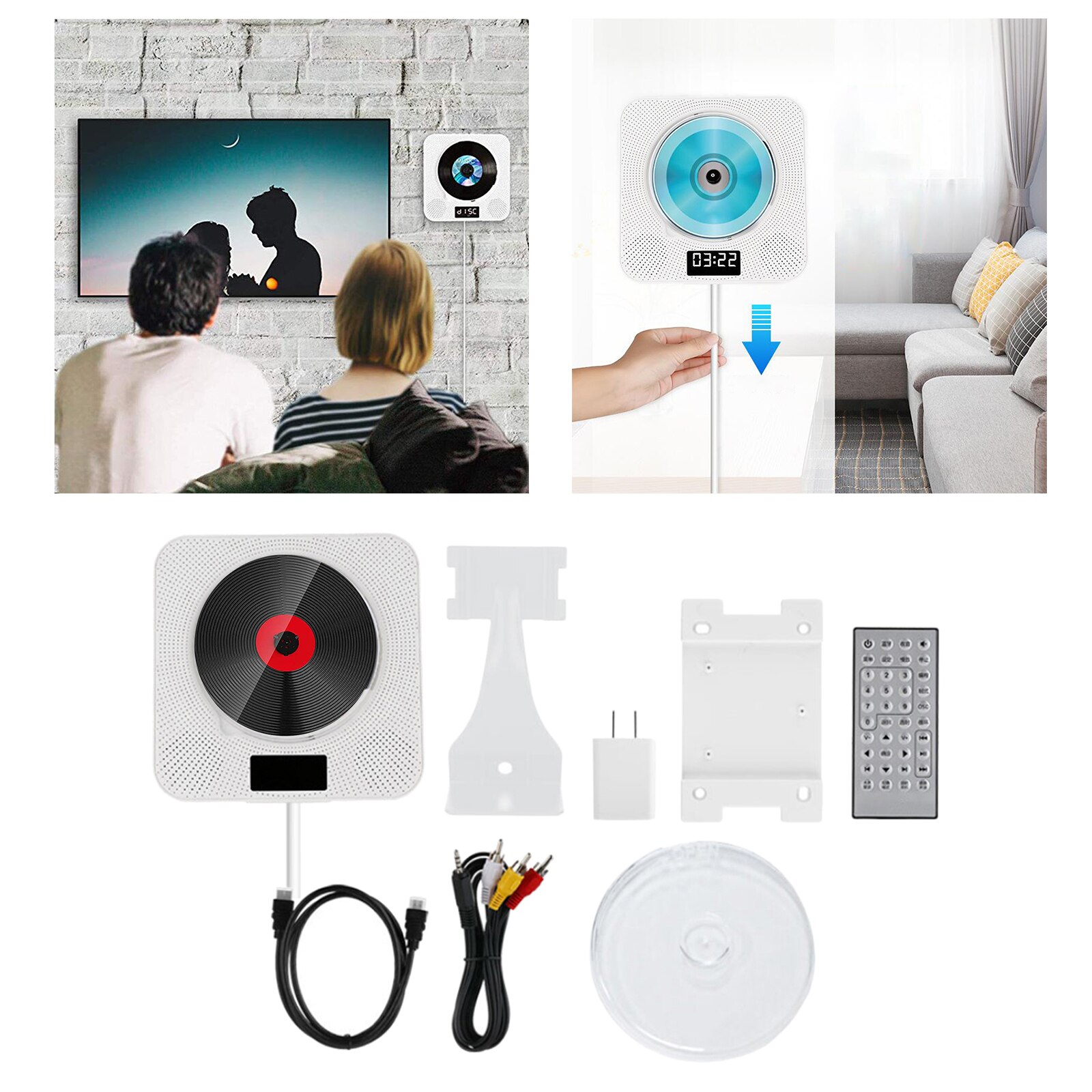Compact Bluetooth CD Disc Music Player Wall Mounted Remote Control Built-in HiFi Speakers,US Plug