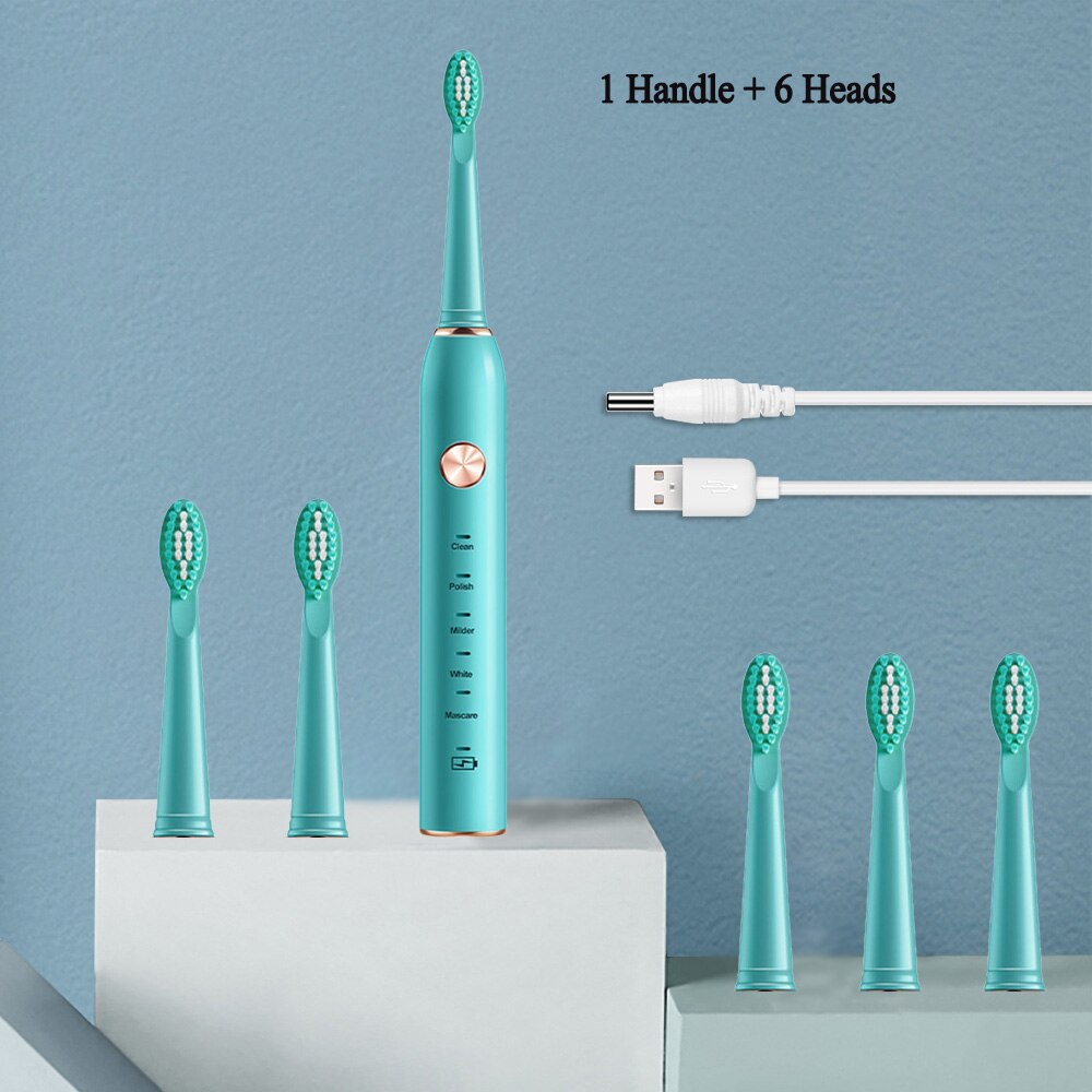Sonic Electric Toothbrush USB Rechargeable 5 Modes Ultrasonic Automatic Brush Timer Waterproof Dental Brush Teeth Whitening: Green 6 heads