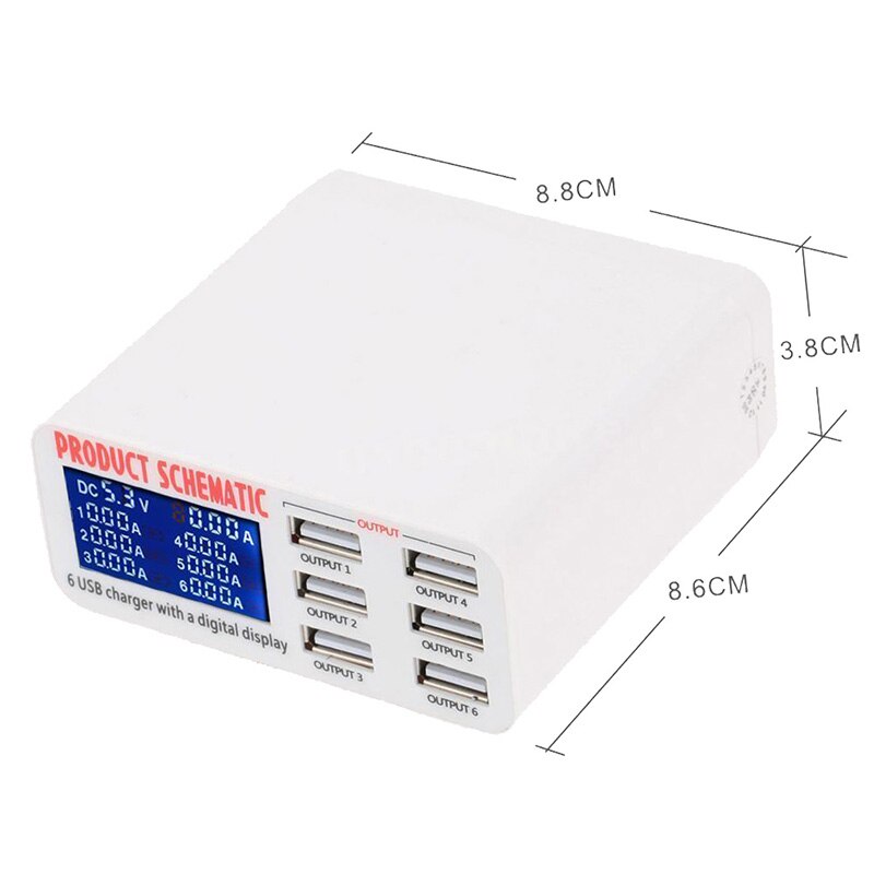 EU/US/UK Plug 6 Ports USB Charger Travel Charger LCD Digital Display Smart Charging Station Multi-Port USB Charging