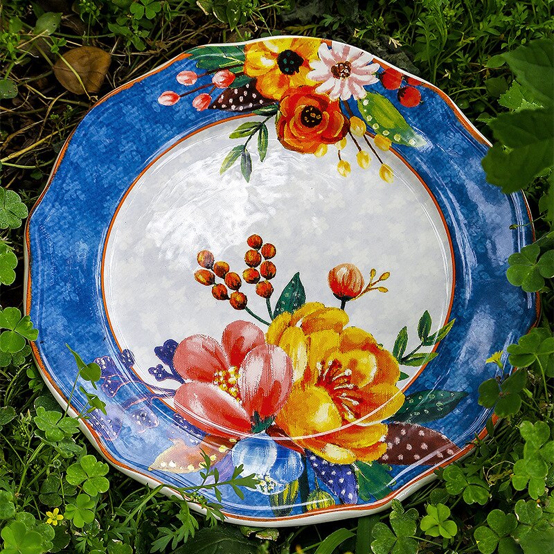 Blommig keramisk mattallrik blomform tallrik set guldinläggningsfat och tallrikar för hemmet servisset servis som serverar retro