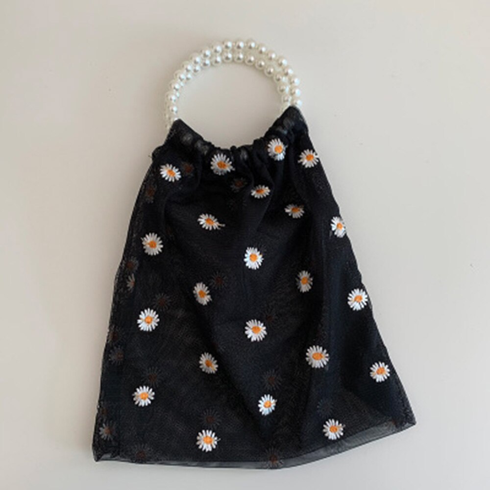 Nueva bolsa de tela transparente para mujer, bolsa para compras cómoda con pequeñas margaritas y apliques de malla, bolsa de tela bordada, bolsa ecológica: Black