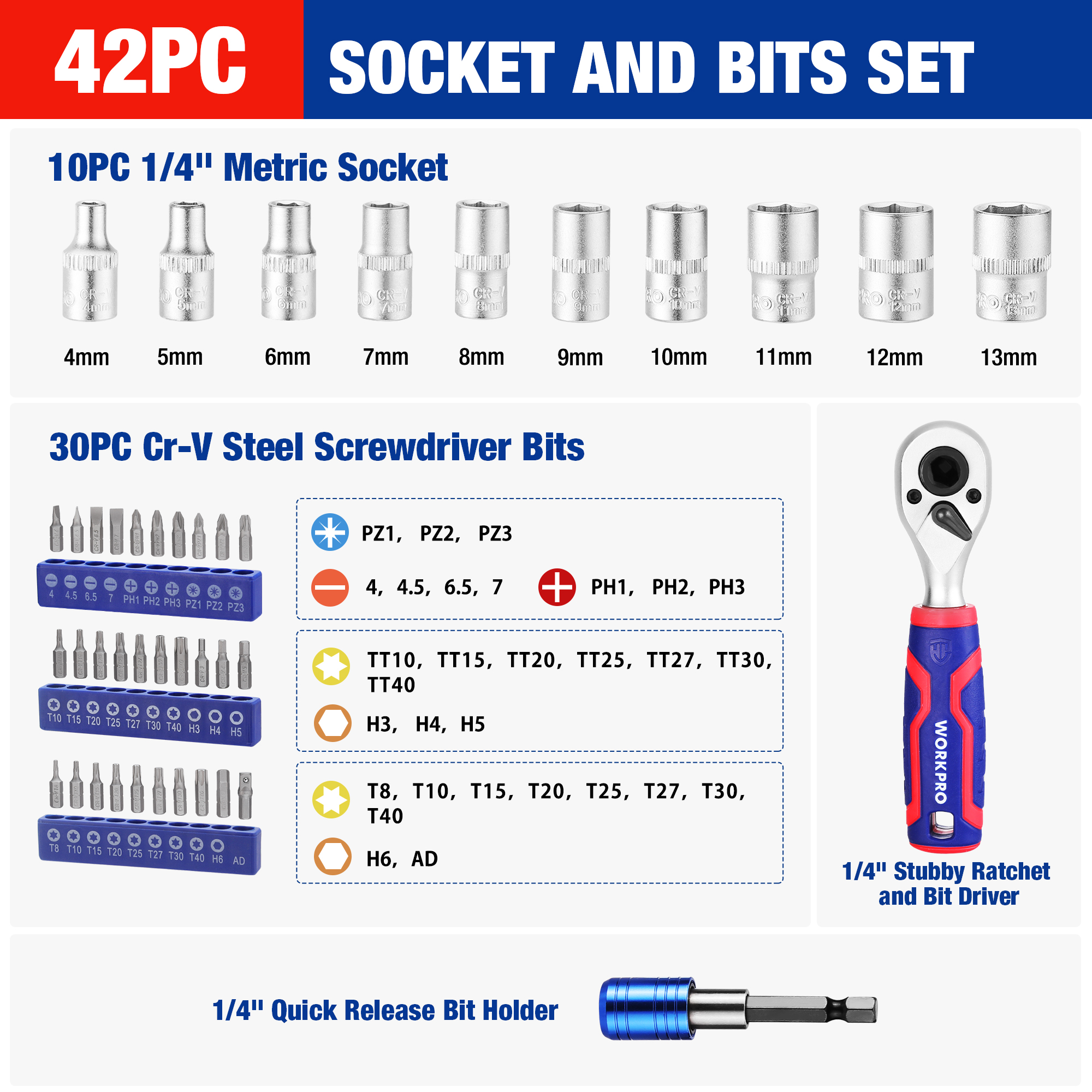 Workpro 1/4 "42 peças dr. master conjunto de soquete métrico com catraca stubby de cabeça dupla para reparo de automóveis com estojo de armazenamento