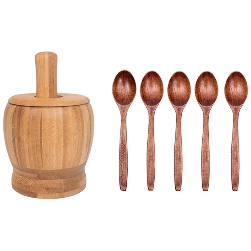 Ensemble de bol à broyer avec cuillère en bois, vaisselle ménagère, bol à bouillie, cuillère à riz chinoise en bambou: Default Title