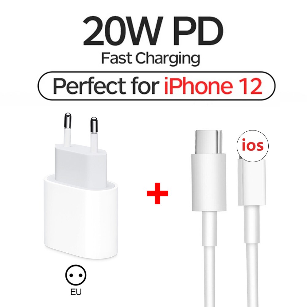 Ricarica rapida 20W USB-C tipo-c adattatore per caricabatterie cavo 100-240V spina a muro ue usa per iPhone 12 mini 12Pro 12 11 Xs Pro Max se ipad: 2in1 EU Plug  White