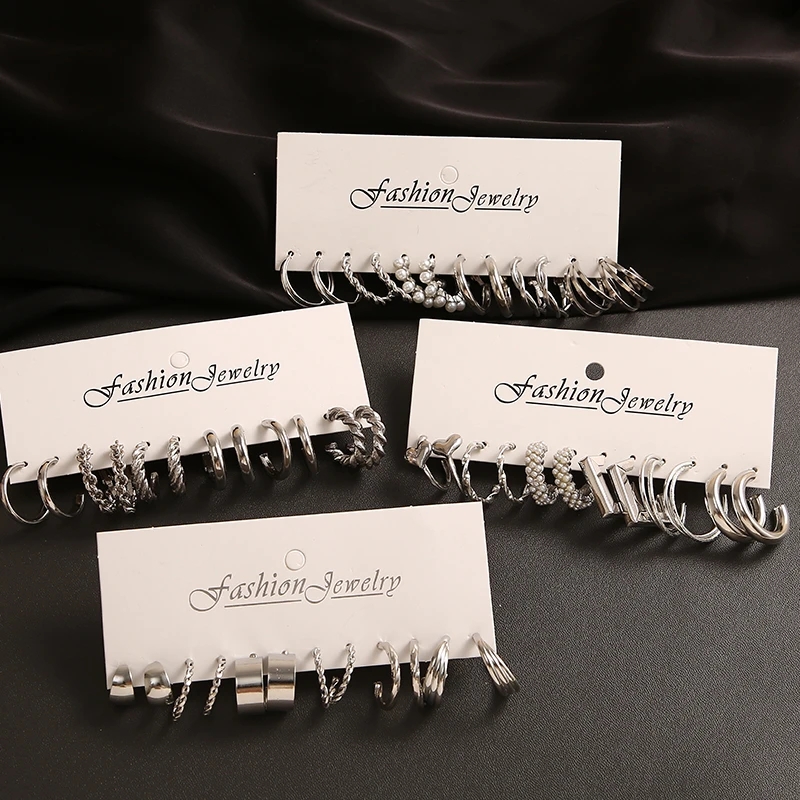 Silver Color Pearl Twist Hoop Earrings Set For Women Jewelry pendientes Vintage Circle Geometric Dangle Earrings Trendy