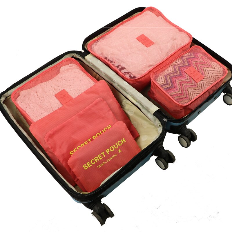 Qiaqu 6 Stks/set Reizen Opbergzakken Draagbare Bagage Organisator Kleding Tidy Pouch Koffer Verpakking Waszak Reizen Accessoires: watermelon red