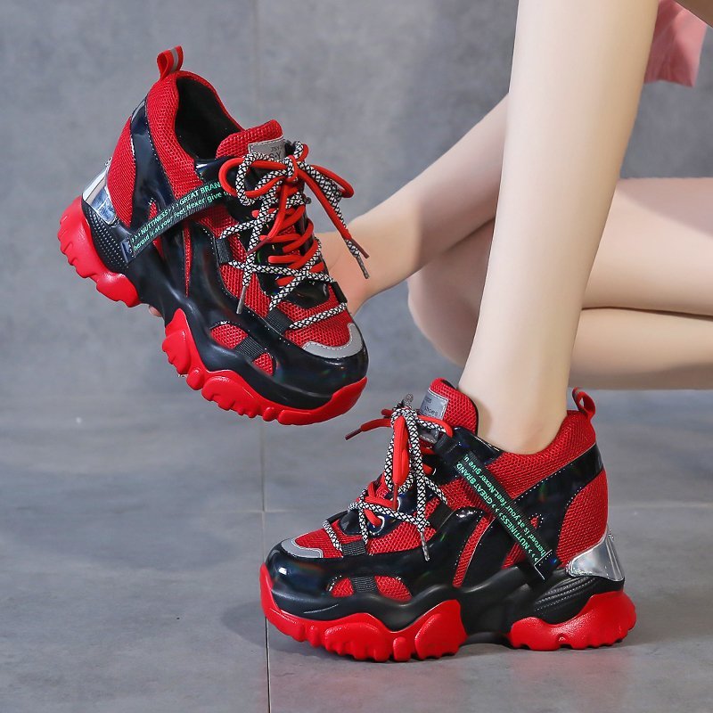 Tuinanle chunky sneakers høy hæl 10 cm kvinner høst tykk bunn plattform joggesko høyde økende kvinne sølv fritidssko