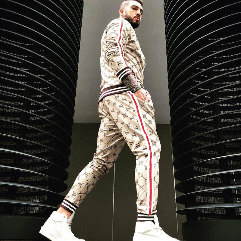Gentleman Plaid Mannen Pak Jas + Broek Sport Trainingspak 3D Afdrukken Rits Tweedelige Set spot Europa 3XL