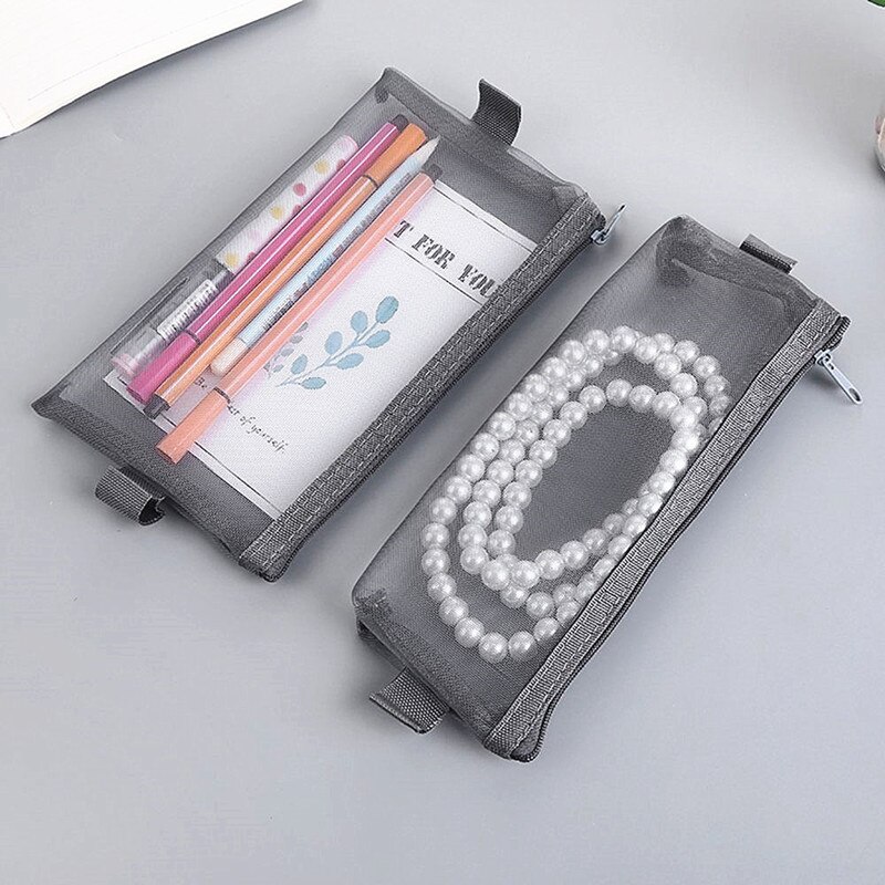 1PC Simple Transparent Mesh Pencil Case Nylon Pen Box Student Office Student Pencil Cases Office School Supplies