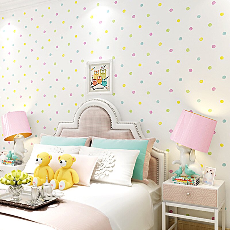 Children's room wallpaper Girl Bedroom Princess Room cartoon warm girl non woven pink wave dot children's wallpaper