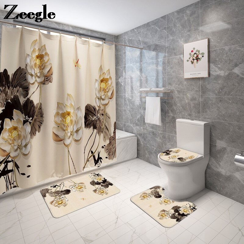 Bloemen Badmat En Douchegordijn Set Flanel Toilet Seat Cover Mat Badkamer Tapijt Antislip Badkamer Vloermat