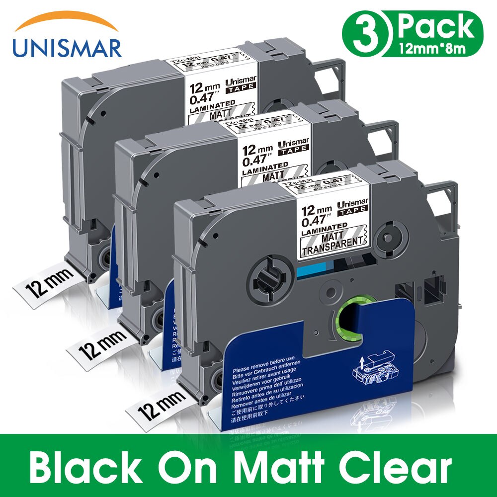Unismar 3PK Black on White TZe-231 TZe231 Laminated Label Tape 12mm Printer Ribbon for Brother P-touch PT-1000 Label Maker: Black on Matt Clear