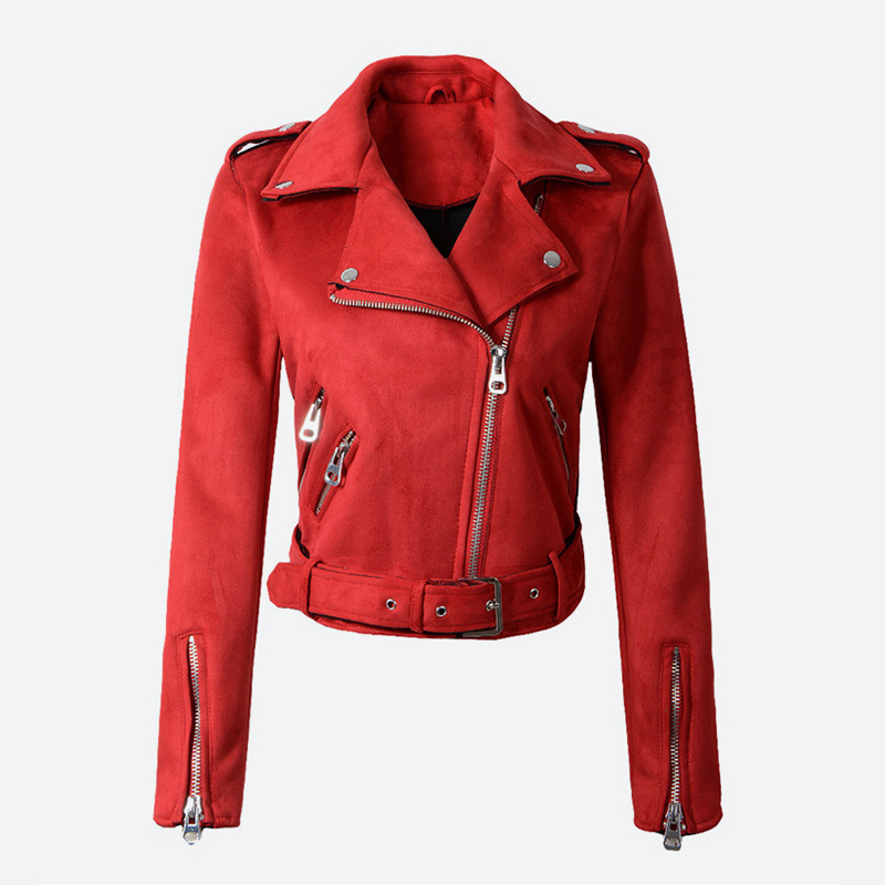 Mockajackor #39 damer kort motorcykelkappa dam biker faux pu jacka höst vinter jaqueta de couro: Röd / L