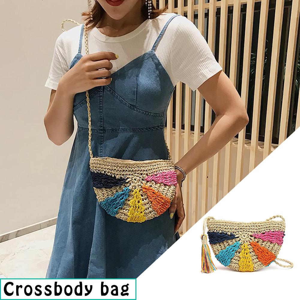 Dames schoudertas halfrond veelkleurige gehaakte strozak messenger geweven handtas bohemien stijl strandtassen