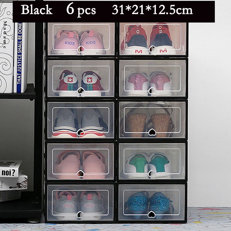 6Pcs Transparante Schoen Dozen Opslag Verdikte Stofdicht Schoenen Organizer Box Bovenop Combinatie Schoenenkast Dispaly: Black